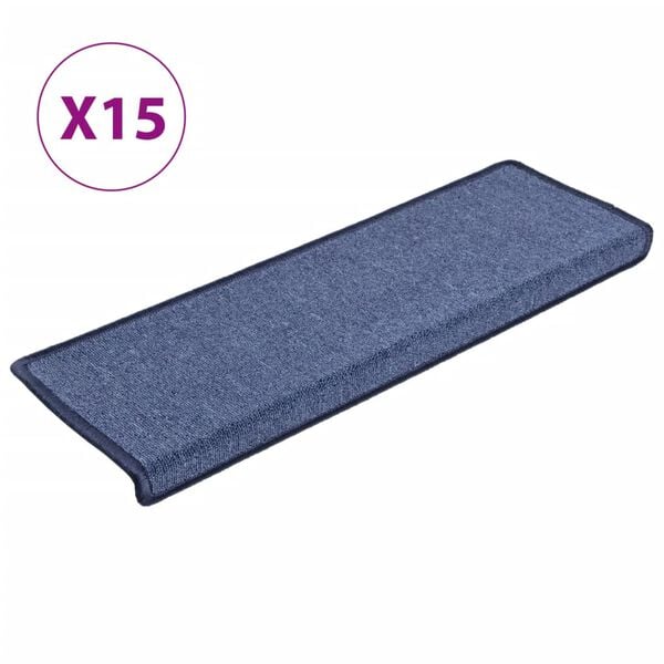 vidaXL Tapis d'escalier 15 pi&egrave;ces 65 x 21 x 4 cm Bleu Bord rectangulaire