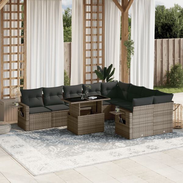 vidaXL Salon de jardin avec coussins 10 pcs gris r&eacute;sine tress&eacute;e