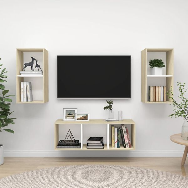 vidaXL Ensemble de meubles TV 3pcs Blanc ch&ecirc;ne sonoma Bois ing&eacute;nierie