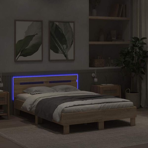 vidaXL Cadre de lit avec LED Sonoma 137 x 190 cm Bois d'ing&eacute;nierie