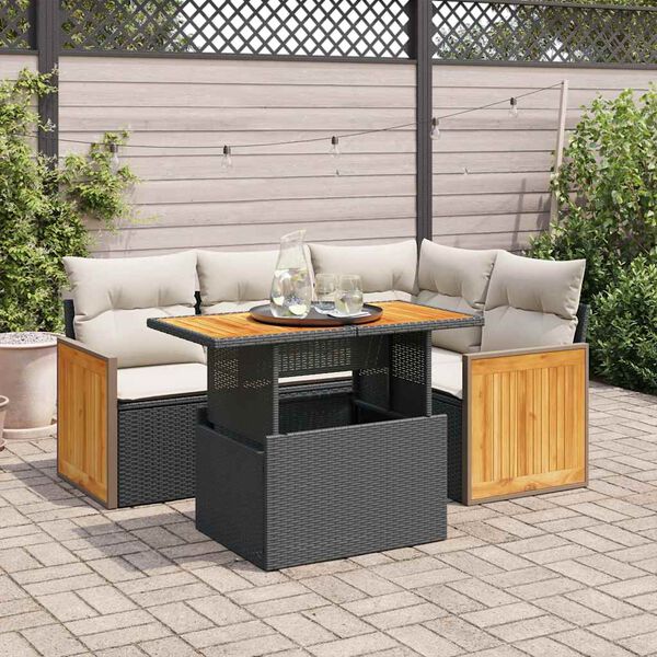 vidaXL Salon de jardin 5 pcs avec coussins noir r&eacute;sine tress&eacute;e acacia