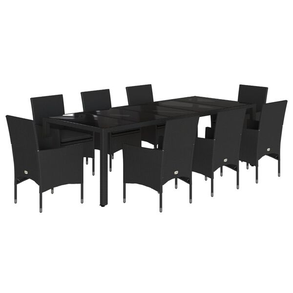 vidaXL Ensemble &agrave; manger de jardin et coussins 9 pcs noir rotin verre