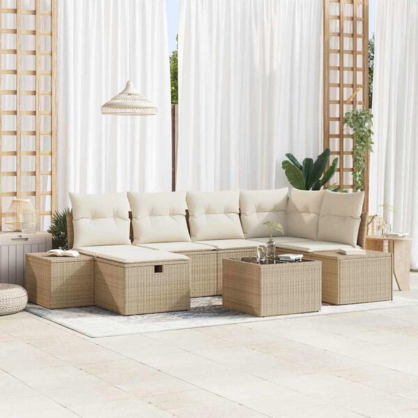 vidaXL Ensemble de canapé de jardin avec coussin 7 pcs Beige polyrotin