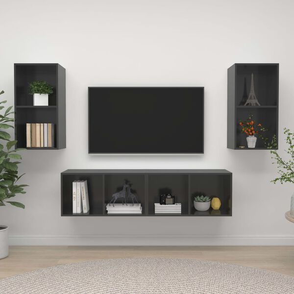 vidaXL Meubles TV muraux 4 pcs Gris brillant Bois d'ingénierie