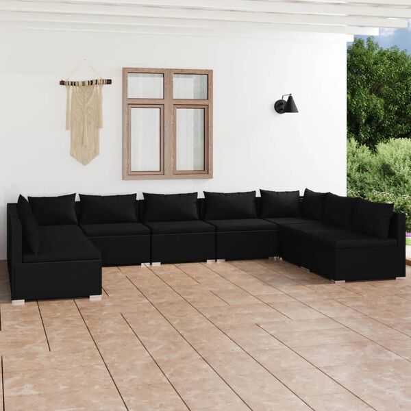 vidaXL Salon de jardin 9 pcs avec coussins R&eacute;sine tress&eacute;e Noir
