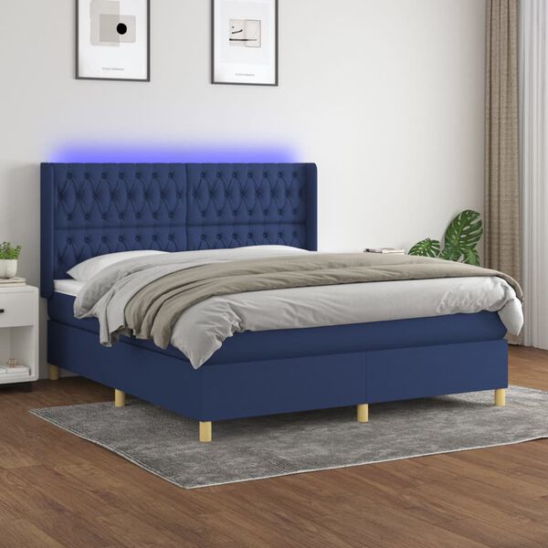 vidaXL Sommier &agrave; lattes de lit matelas et LED Bleu 160x200 cm Tissu