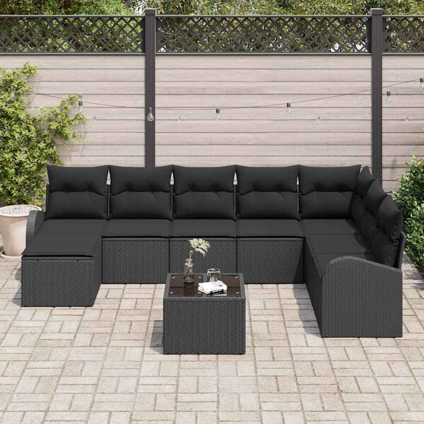 vidaXL Ensemble de canapé de jardin avec coussin 9 pcs Noir Poly rotin
