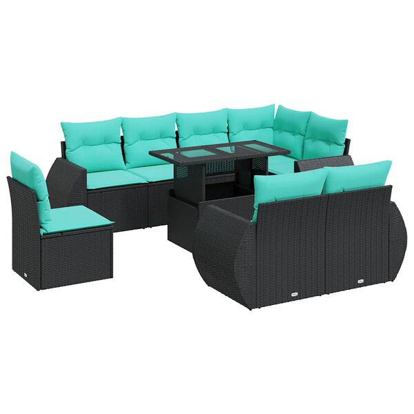 vidaXL Salon de jardin avec coussins 9 pcs noir r&eacute;sine tress&eacute;e acacia