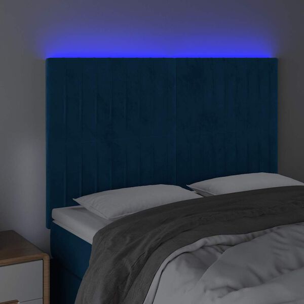 vidaXL T&ecirc;te de lit &agrave; LED Bleu fonc&eacute; 144x5x118/128 cm Velours
