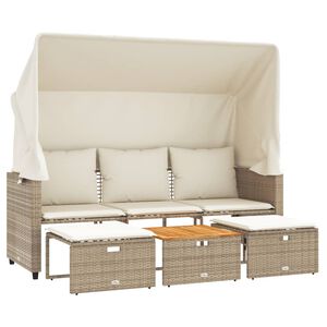 vidaXL Canap&eacute; de jardin 3 places avec auvent et tabourets beige rotin