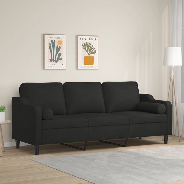 vidaXL Canap&eacute; 3 places et oreillers et coussins Noir 210 cm Tissu