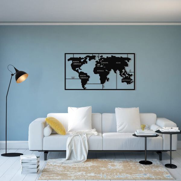 Homemania D&eacute;coration murale Carte du monde 90x55 cm M&eacute;tal Noir