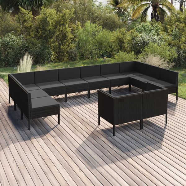 vidaXL Salon de jardin 12 pcs avec coussins r&eacute;sine tress&eacute;e noir