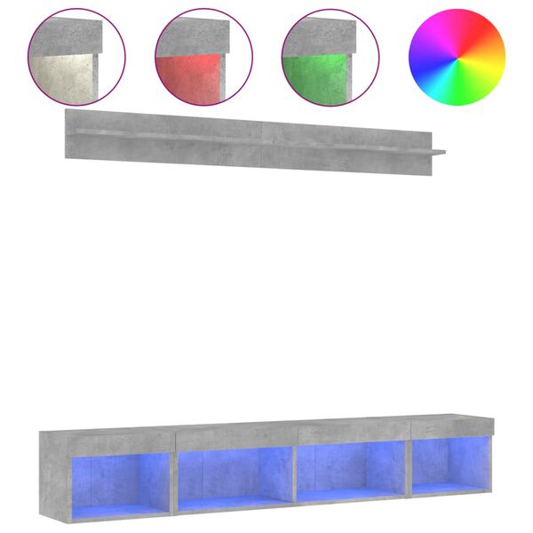 vidaXL Unit&eacute;s murales TV avec LED 5 pcs gris b&eacute;ton bois d'ing&eacute;nierie