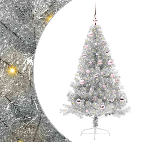 vidaXL Sapin de No&euml;l artificiel pr&eacute;-&eacute;clair&eacute; Argent 150 cm PET
