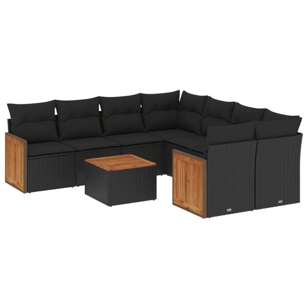 vidaXL Salon de jardin 9 pcs avec coussins noir r&eacute;sine tress&eacute;e