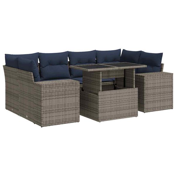 vidaXL Salon de jardin avec coussins 7 pcs gris r&eacute;sine tress&eacute;e acacia