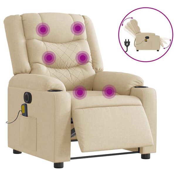 vidaXL Fauteuil inclinable de massage &eacute;lectrique cr&egrave;me tissu