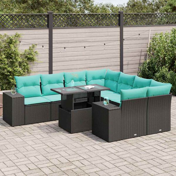 vidaXL Salon de jardin avec coussins 9 pcs noir r&eacute;sine tress&eacute;e acacia