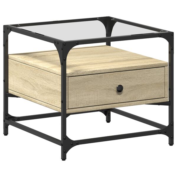 vidaXL Table basse et dessus en verre ch&ecirc;ne sonoma 50x50x45 cm acier