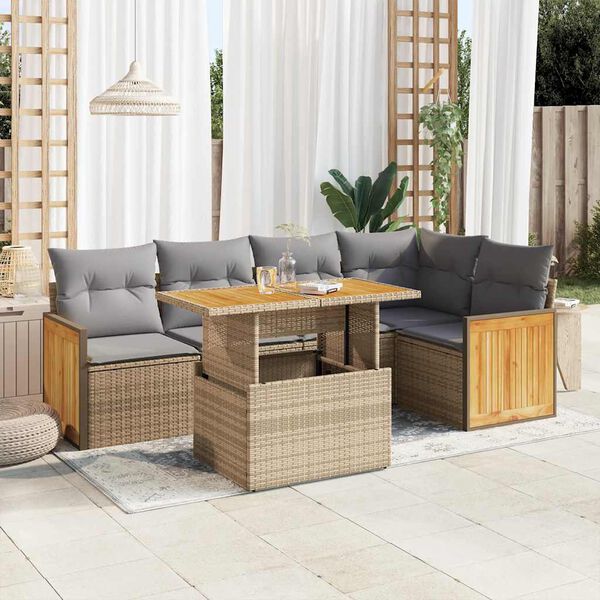 vidaXL Salon de jardin 6 pcs avec coussins beige r&eacute;sine tress&eacute;e acacia