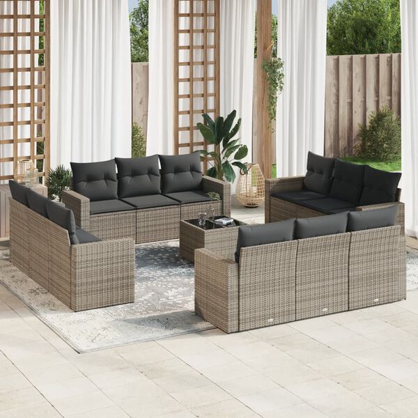 vidaXL Salon de jardin avec coussins 13 pcs gris r&eacute;sine tress&eacute;e