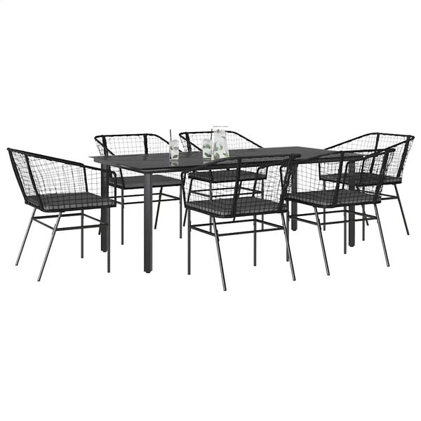 vidaXL Ensemble &agrave; manger de jardin coussins 7pcs noir poly rotin verre