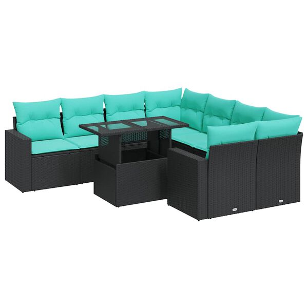 vidaXL Salon de jardin avec coussins 9 pcs noir r&eacute;sine tress&eacute;e acacia