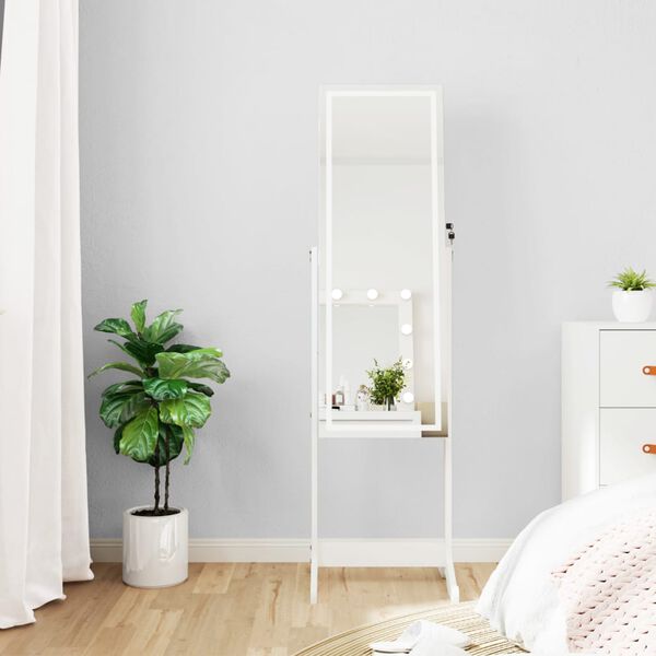 vidaXL Armoire &agrave; bijoux miroir avec lumi&egrave;res LED sur pied blanc