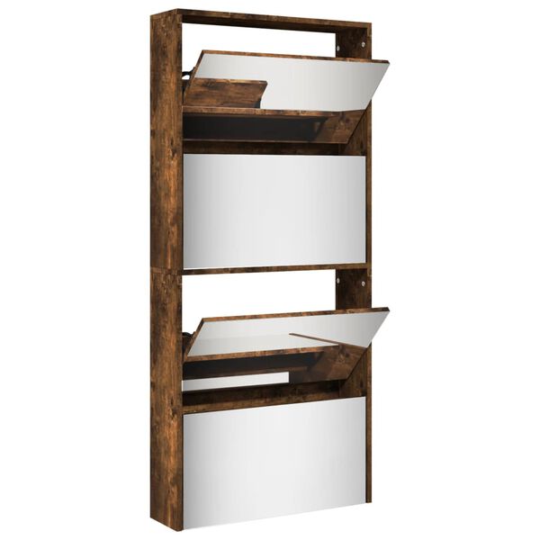 vidaXL Armoire &agrave; chaussures miroir &agrave; 4 niveaux ch&ecirc;ne fum&eacute; 63x17x134 cm