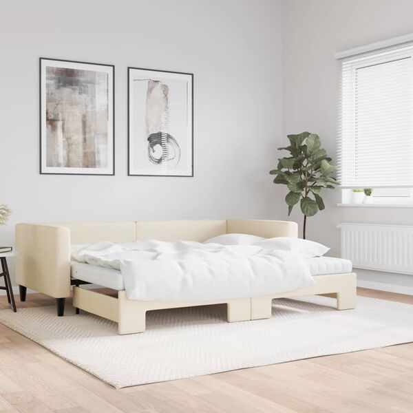 vidaXL Lit de jour avec gigogne et matelas crème 90x200 cm tissu