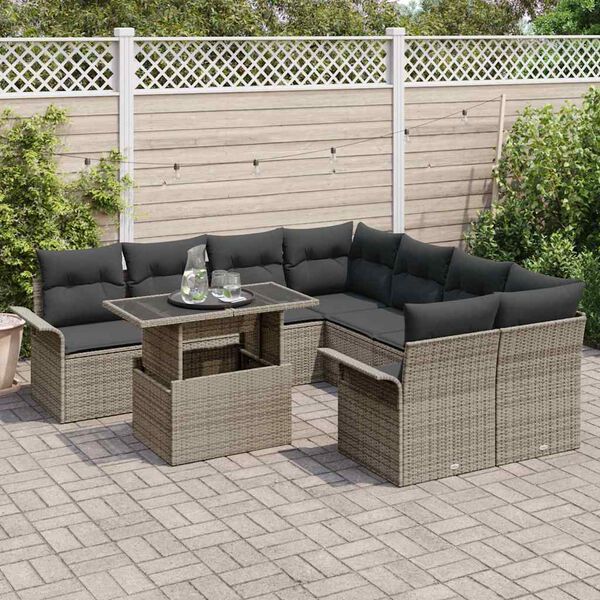 vidaXL Ensemble de canapé de jardin 9 pcs Gris Poly Rattan