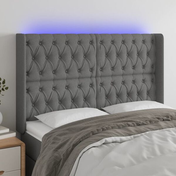 vidaXL T&ecirc;te de lit &agrave; LED Gris fonc&eacute; 147x16x118/128 cm Tissu