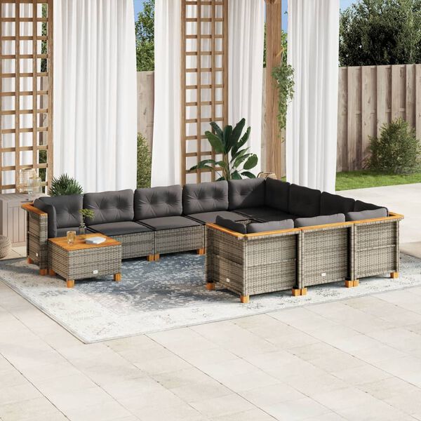 vidaXL Salon de jardin 11 pcs avec coussins gris r&eacute;sine tress&eacute;e
