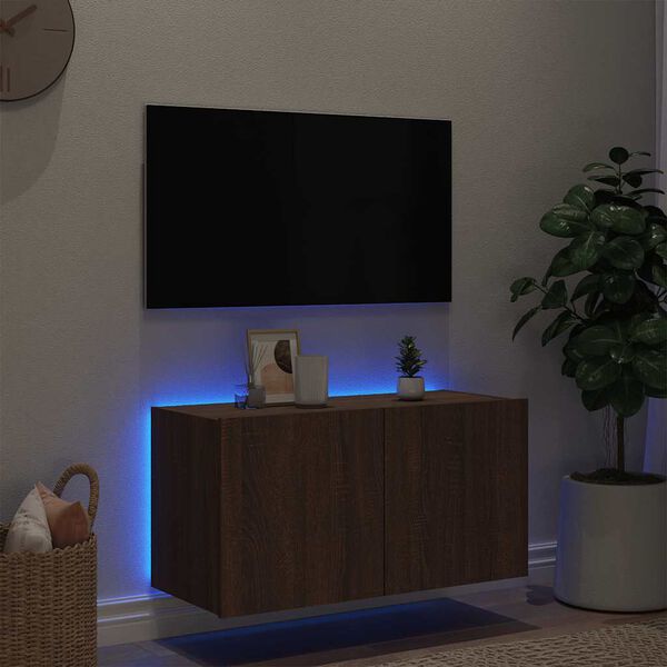 vidaXL Meuble TV mural avec lumières LED chêne marron 80x35x41 cm