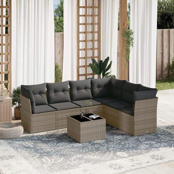 vidaXL Salon de jardin avec coussins 7 pcs gris r&eacute;sine tress&eacute;e
