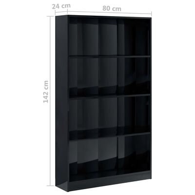 vidaXL Bibliothèque à 4 niveaux Noir brillant 80x24x142 cm Aggloméré