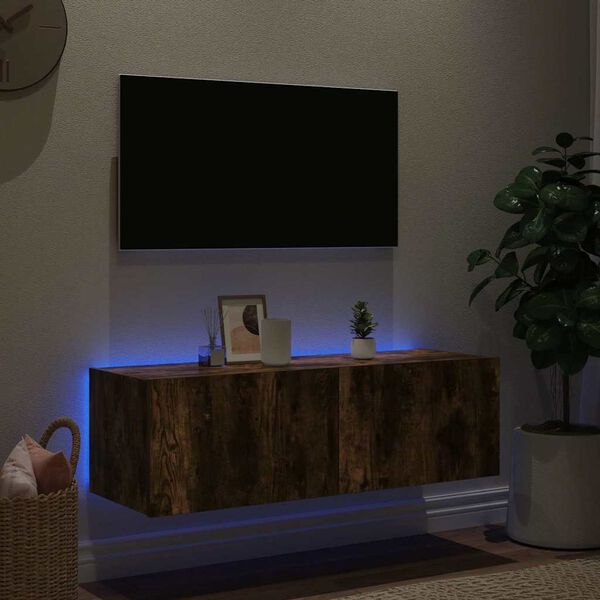 vidaXL Meuble TV mural avec lumi&egrave;res LED ch&ecirc;ne fum&eacute; 100x35x31 cm