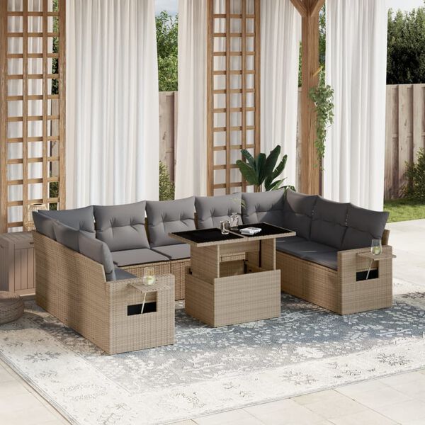vidaXL Salon de jardin avec coussins 10 pcs beige résine tressée