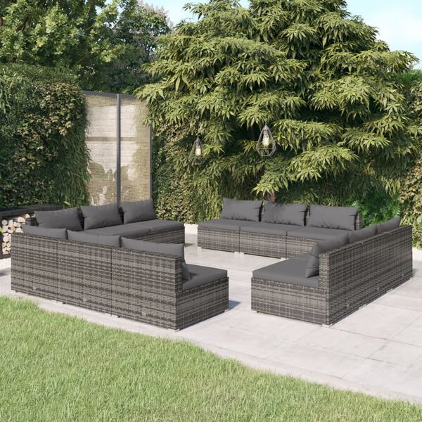 vidaXL Salon de jardin 12 pcs avec coussins Résine tressée Gris