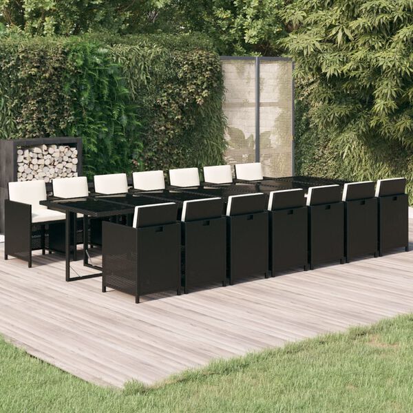 vidaXL Ensemble &agrave; manger de jardin coussins 15 pcs R&eacute;sine tress&eacute;e Noir