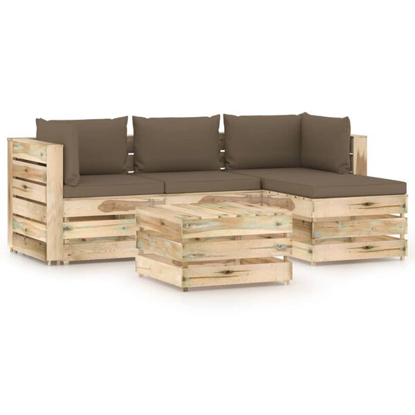 vidaXL Salon de jardin 5 pcs avec coussins Bois impr&eacute;gn&eacute; de vert