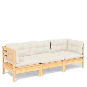 vidaXL Canap&eacute; 3 places de jardin et coussins cr&egrave;me Bois de pin solide