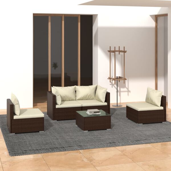 vidaXL Salon de jardin 5 pcs avec coussins R&eacute;sine tress&eacute;e Marron