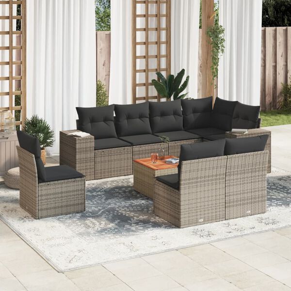 vidaXL Salon de jardin 9 pcs avec coussins gris r&eacute;sine tress&eacute;e