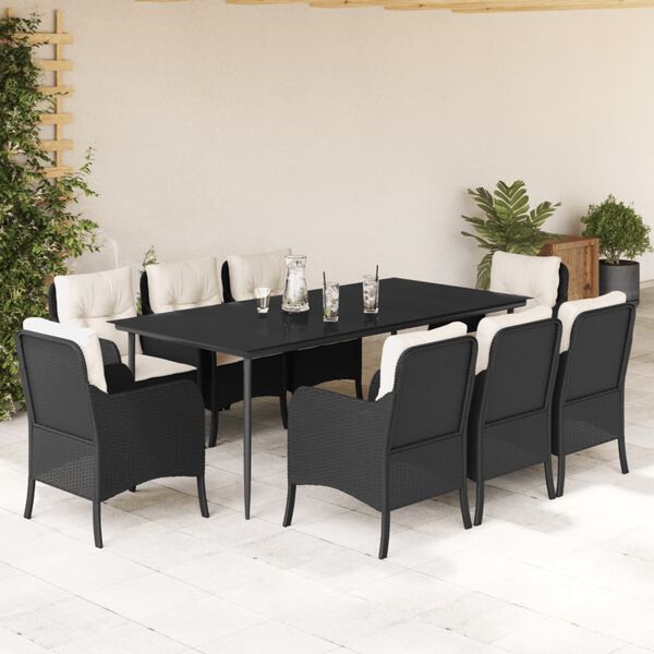 vidaXL Ensemble &agrave; manger de jardin 9pcs coussins noir r&eacute;sine tress&eacute;e