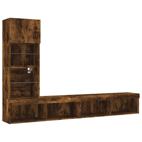 vidaXL Unit&eacute;s murales TV avec LED 4 pcs ch&ecirc;ne fum&eacute; bois d'ing&eacute;nierie