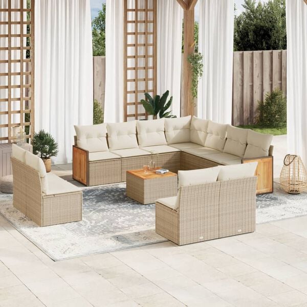 vidaXL Salon de jardin avec coussins 12 pcs beige r&eacute;sine tress&eacute;e