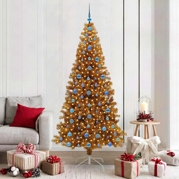 vidaXL Sapin de No&euml;l avec 300 LED avec support Dor&eacute; 210 cm PET