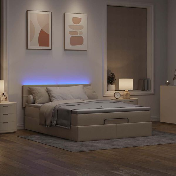 vidaXL Lit ottoman avec matelas et LED cr&egrave;me 140x190 cm tissu